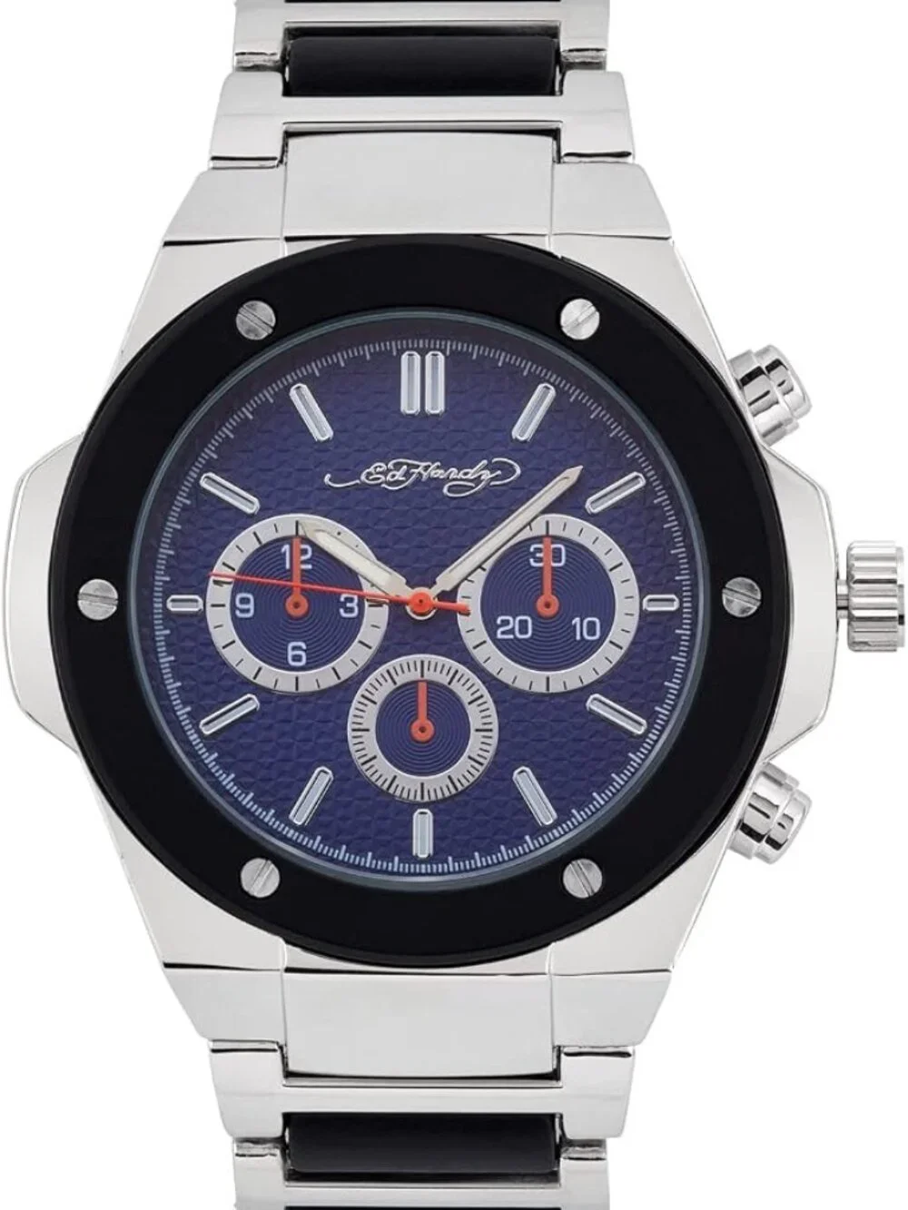 Ed Hardy Men's Silver Tone Bracelet Watch Blue Dial Black Bezel Quartz